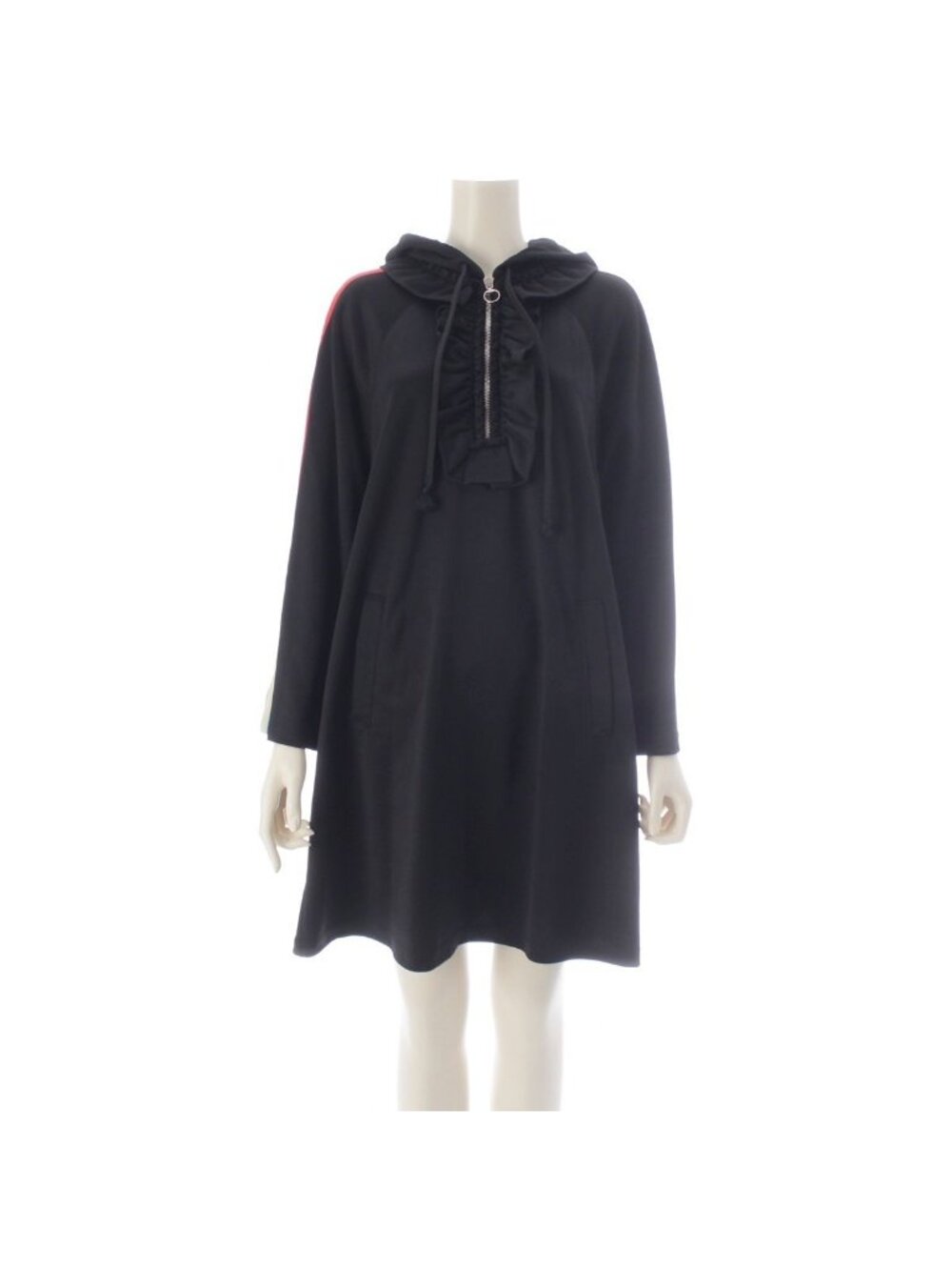 Gucci Nylon Cotton Sherry Line Logo Sleeve Hooded Dress Long Black Hoodie